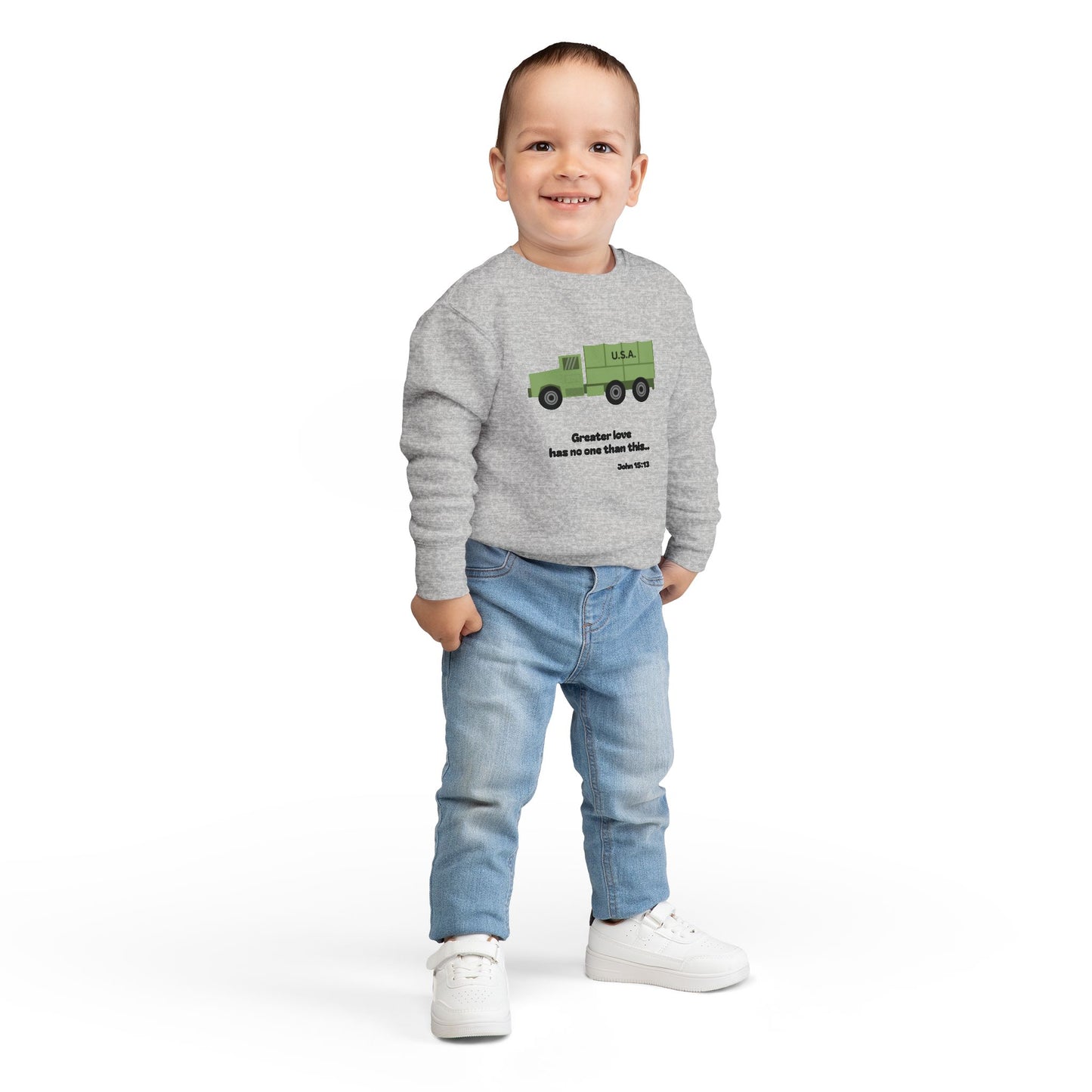 Christian Toddler Sweatshirt • Military Truck  Kids Pullover (John 15:13)