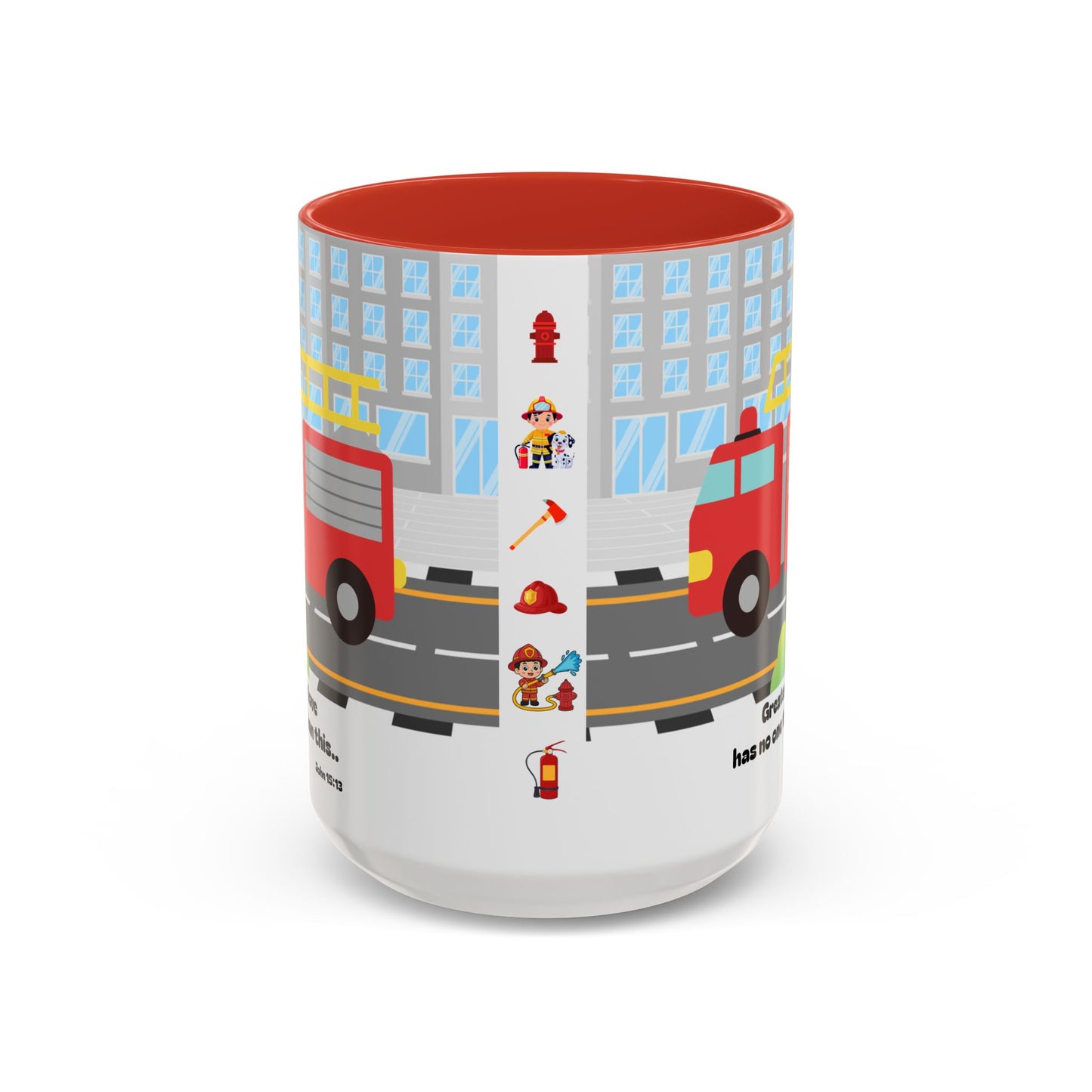 Fire Truck Coffee Mug — "Greater love has no one than this" Scripture Mug (11/15 oz)