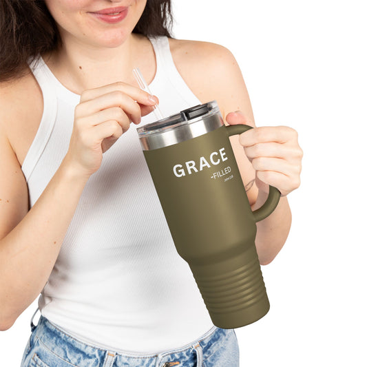GRACE-filled Insulated 40oz Travel Mug —Christian Faith Declaration John 1:16 - white text