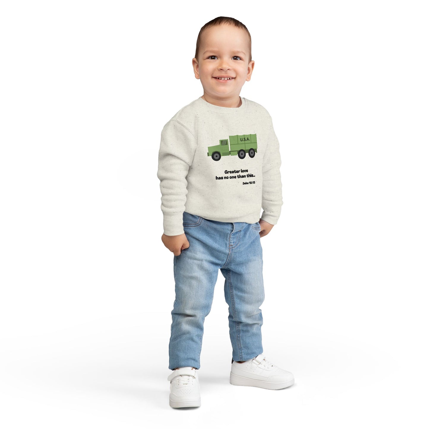 Christian Toddler Sweatshirt • Military Truck  Kids Pullover (John 15:13)