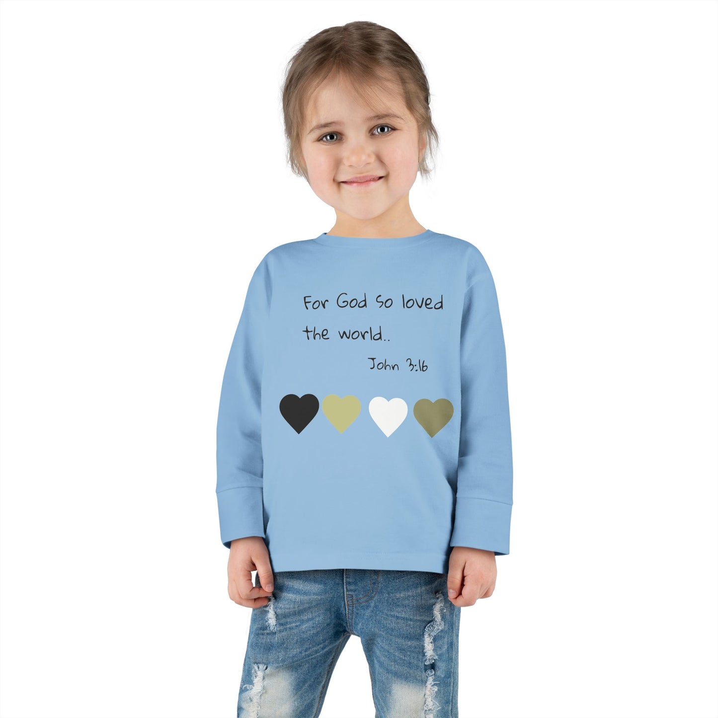 Toddler Long Sleeve Tee - "For God So Loved the World" Heart Bible Verse Shirt