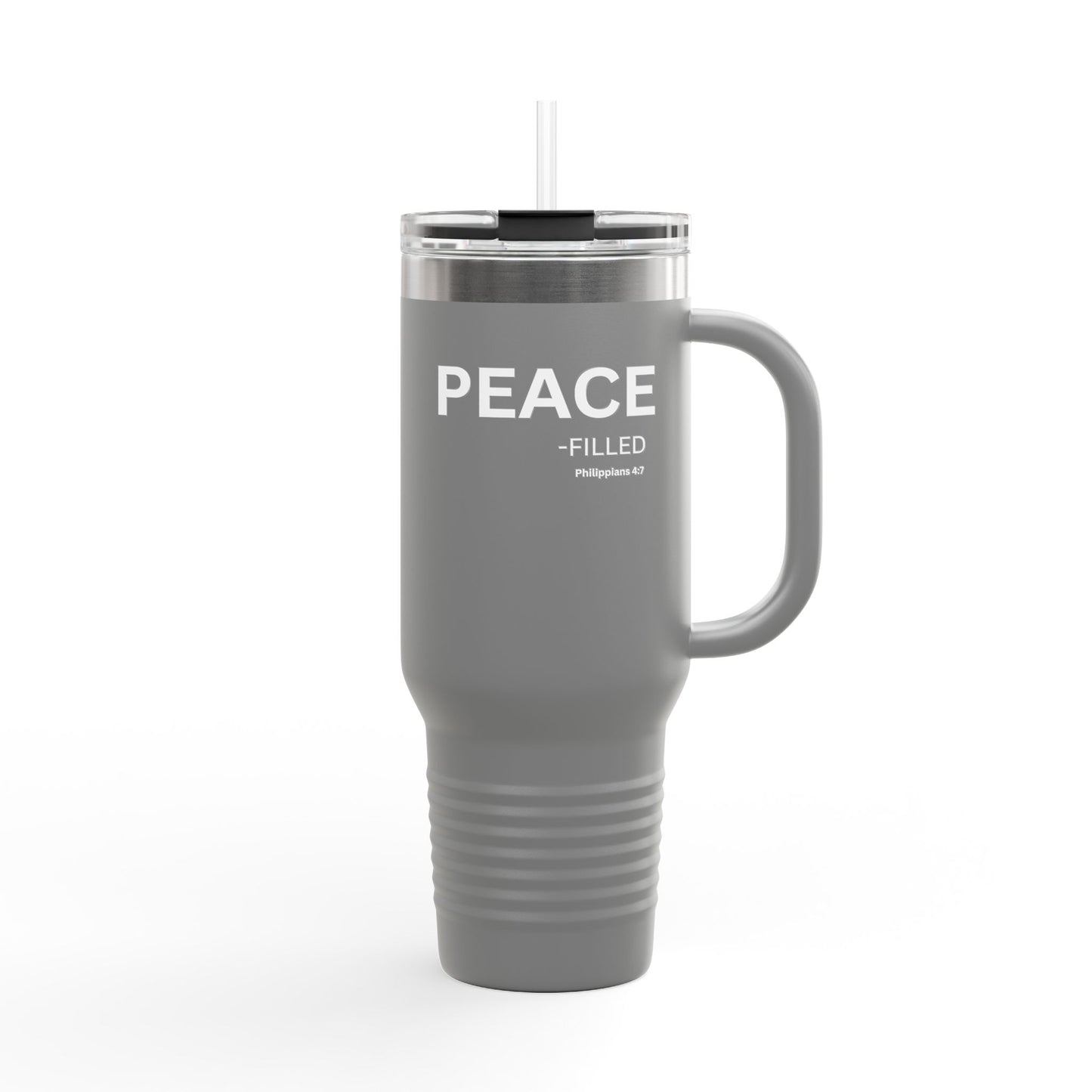 PEACE-filled Insulated 40oz Travel Mug, white text — Christian Faith Declaration - Philippians 4:7