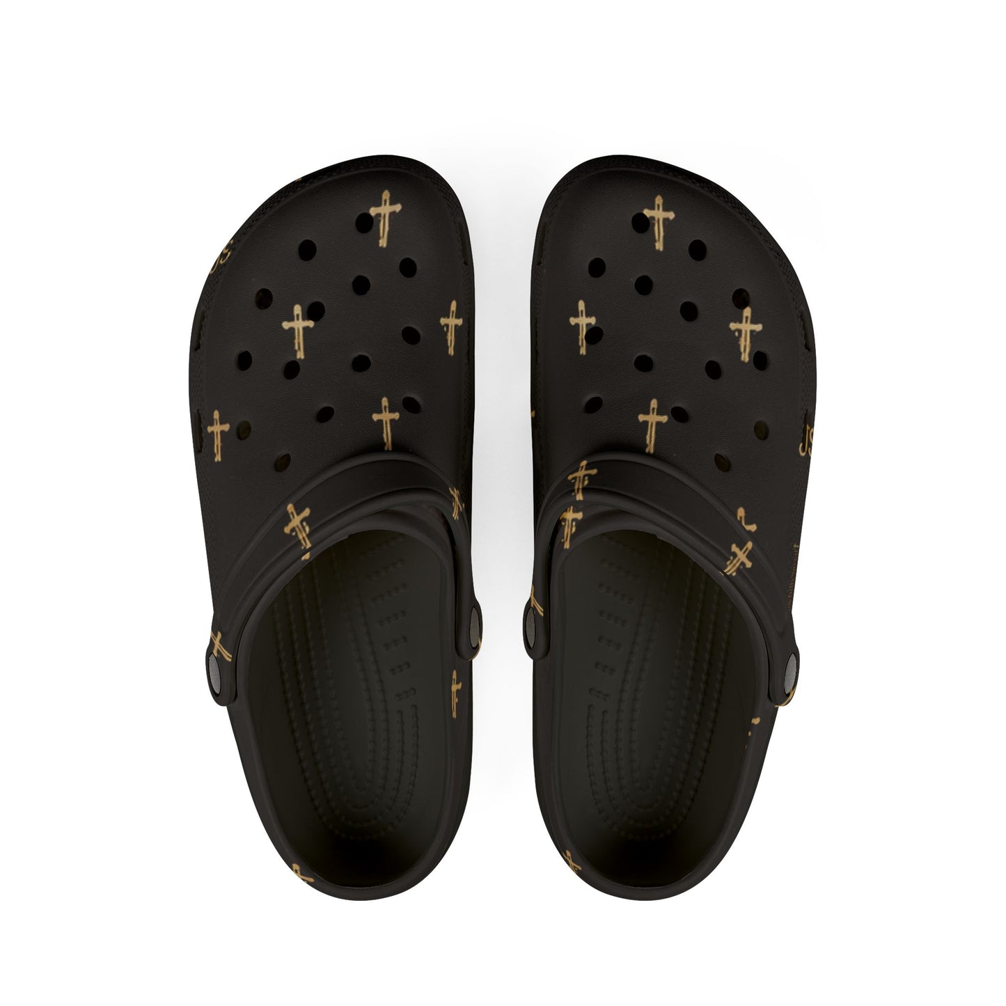 Adult EVA Foam Clogs with charms — Black Cross Pattern Christian Slip-Ons