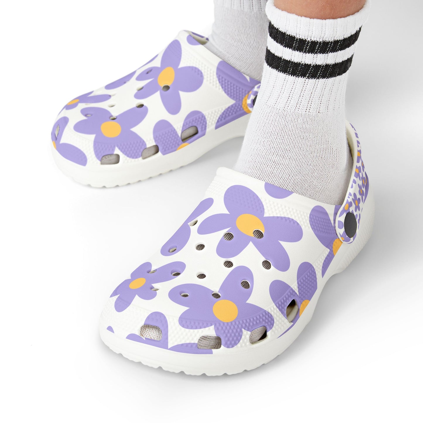 Kids EVA Foam Clogs  with Charms— Purple Daisies Pattern Christian Slip-Ons