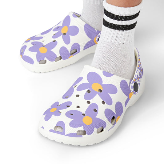 Kids EVA Foam Clogs  with Charms— Purple Daisies Pattern Christian Slip-Ons