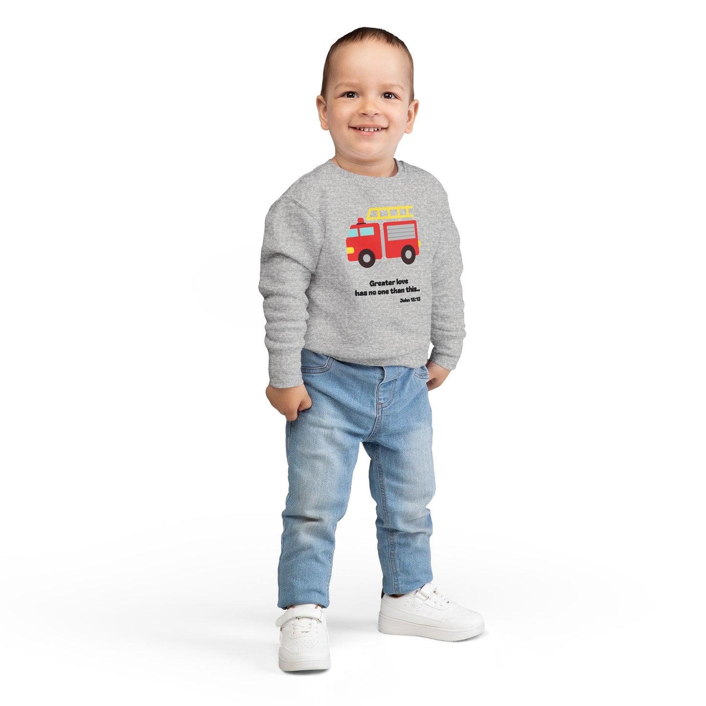 Christian Toddler Sweatshirt • Fire Truck Kids Pullover (John 15:13)