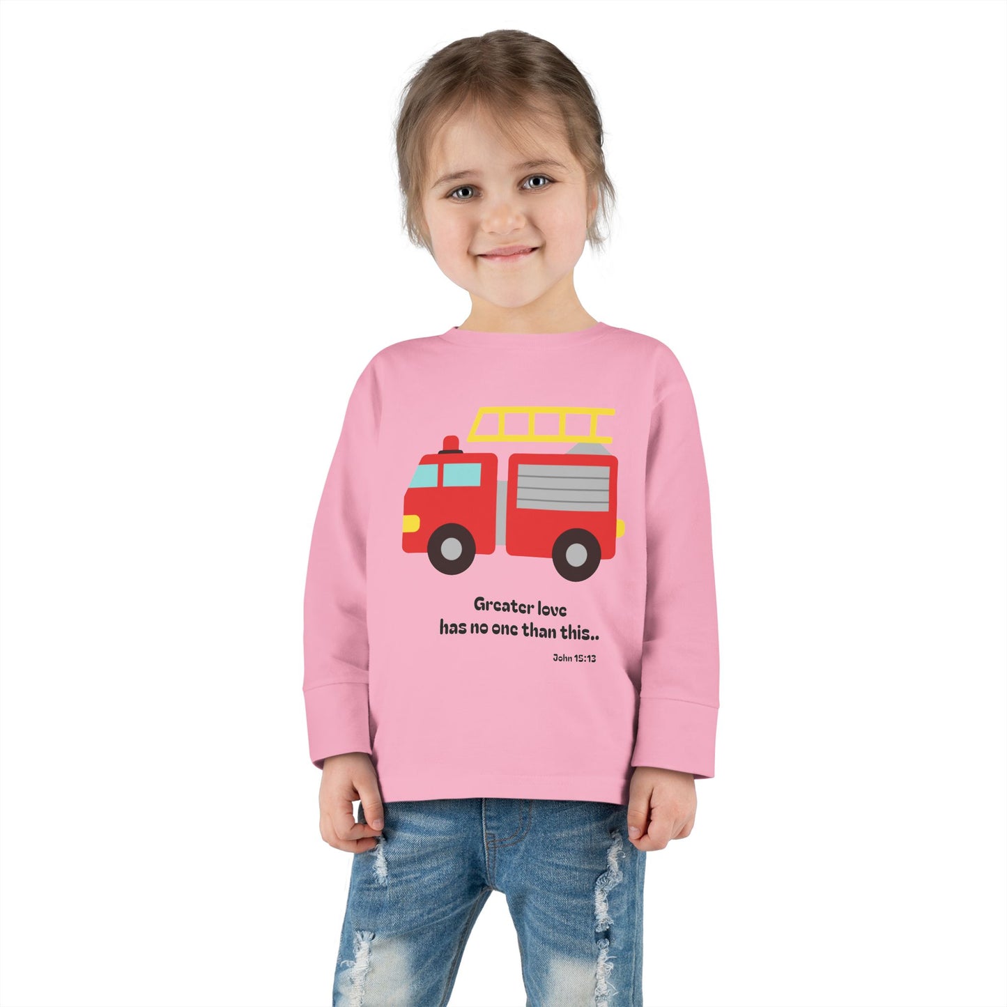 Christian Toddler Long Sleeve Tee — Fire Truck Kids Shirt (John 15:13)