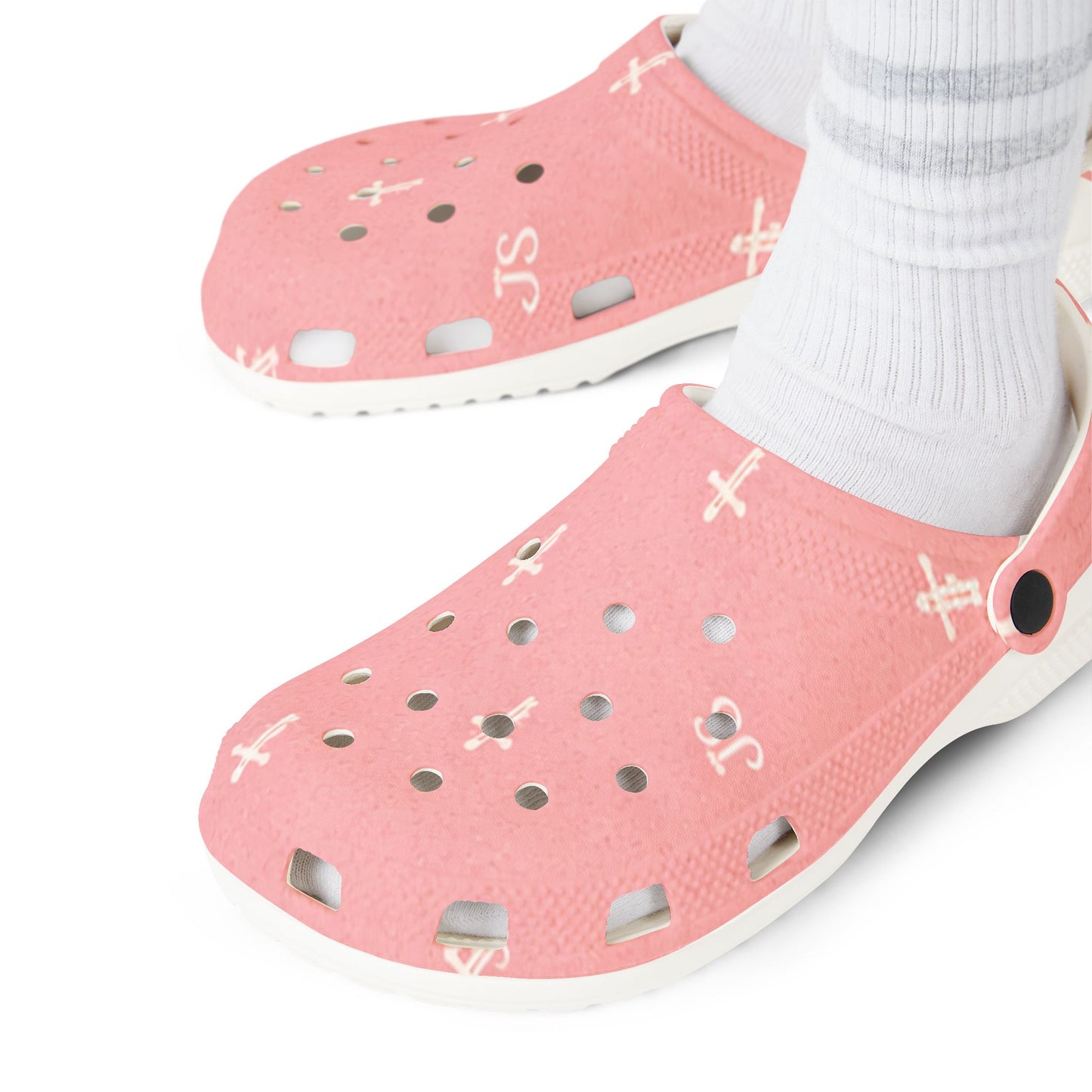 Adult EVA Foam Clogs with charms — Cream Cross Pattern Christian Slip-Ons