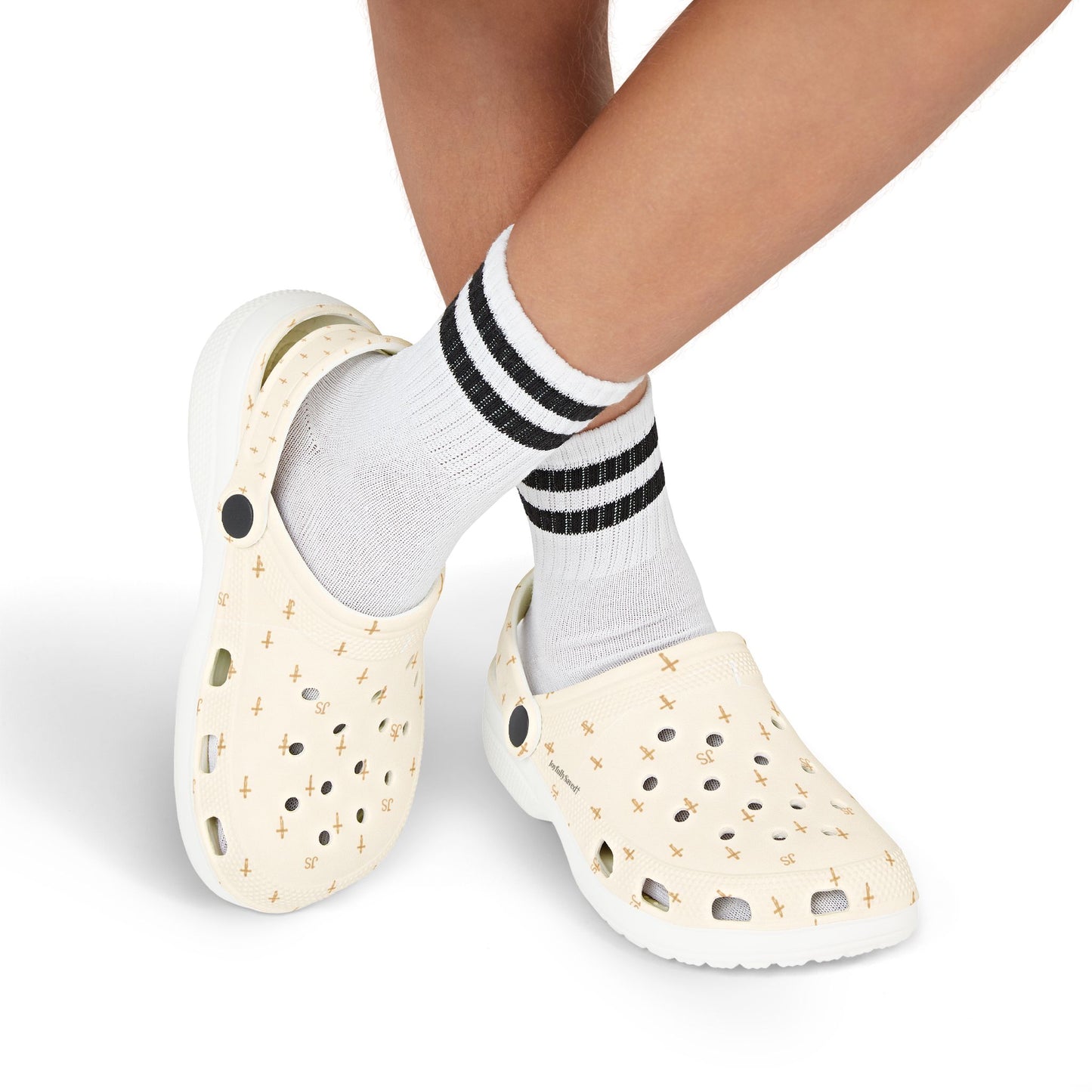 Kids EVA Foam Clogs  with Charms— Cream Cross Pattern Christian Slip-Ons