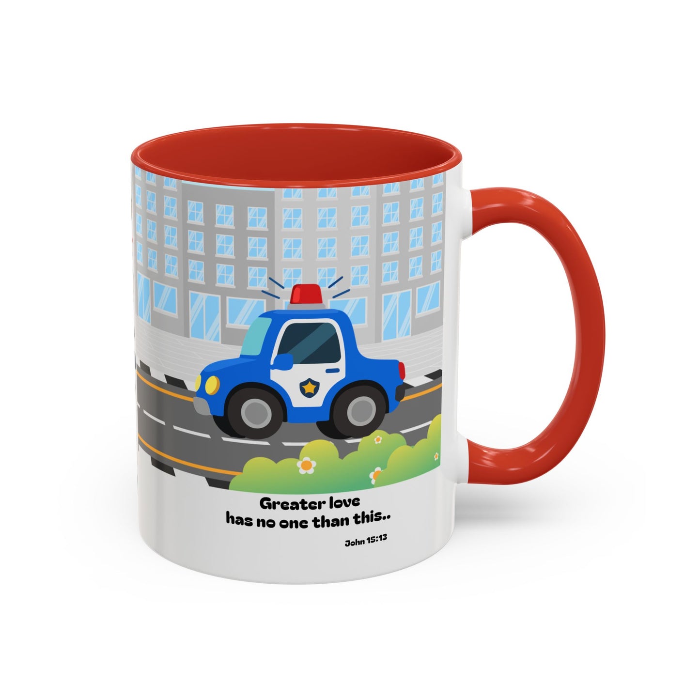 Police Car Coffee Mug — "Greater love has no one than this" Scripture Mug (11/15 oz)