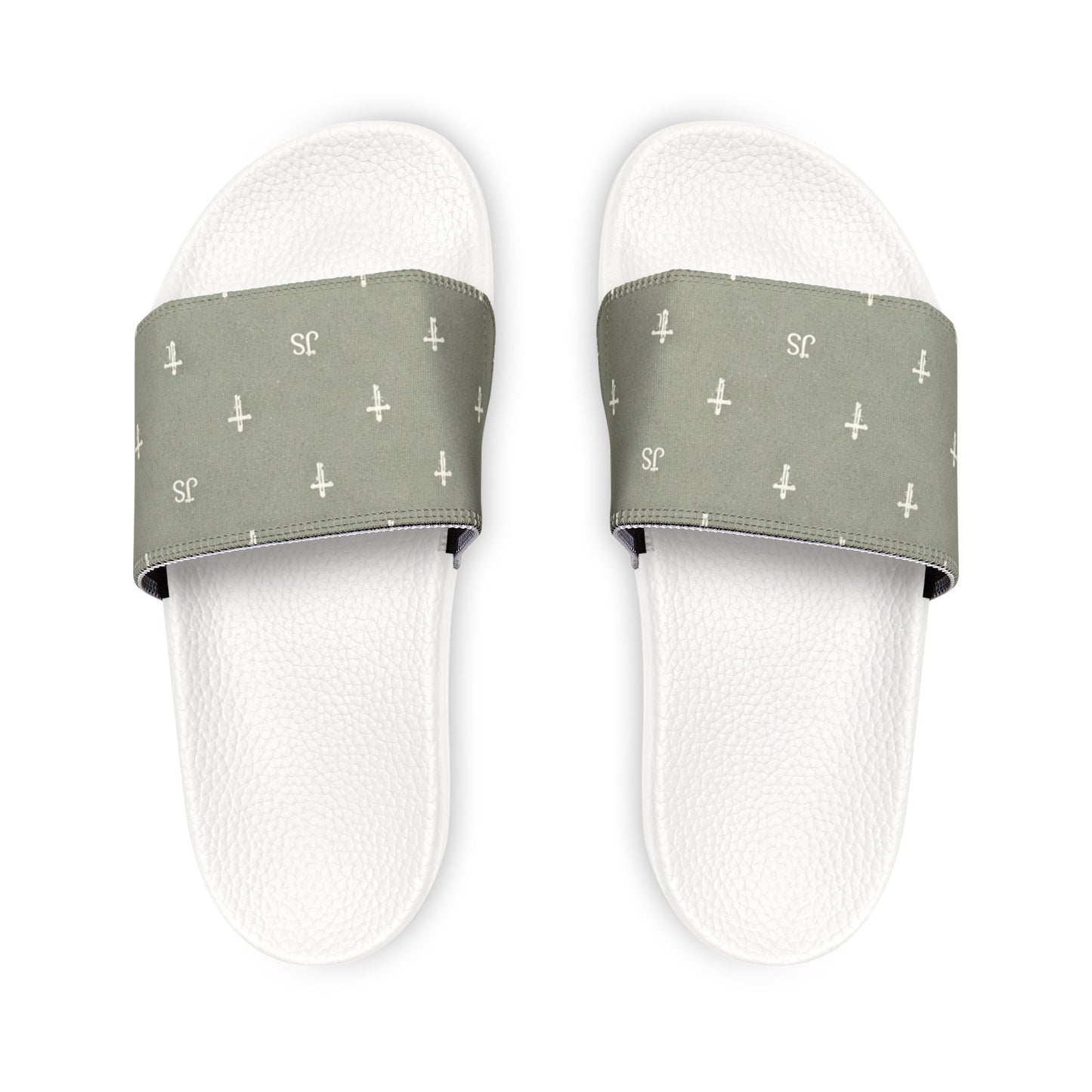 Christian Cross Slides — Youth Removable-Strap Sandals with Sage Cross Pattern