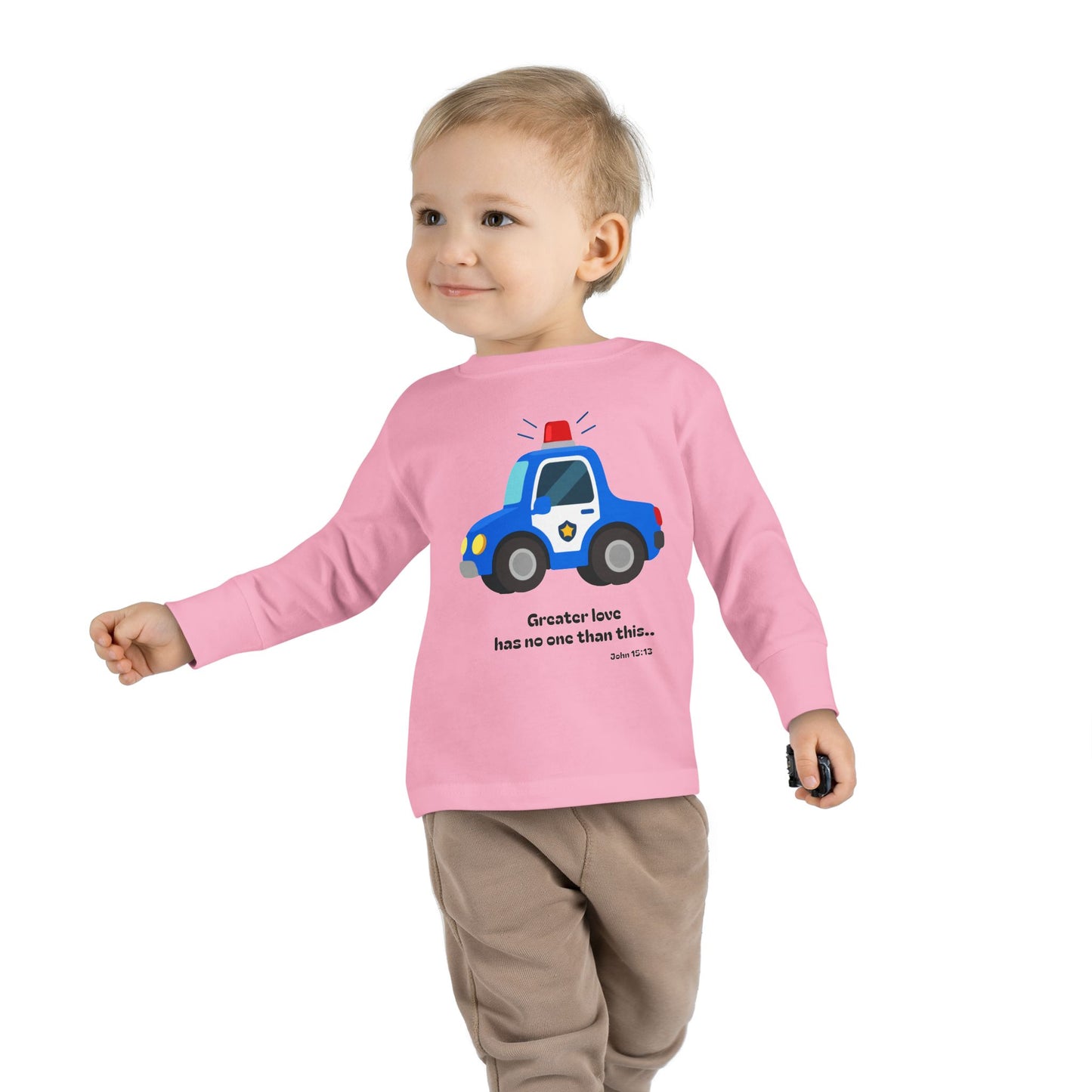 Christian Toddler Long Sleeve Tee — Police Car Kids Shirt (John 15:13)