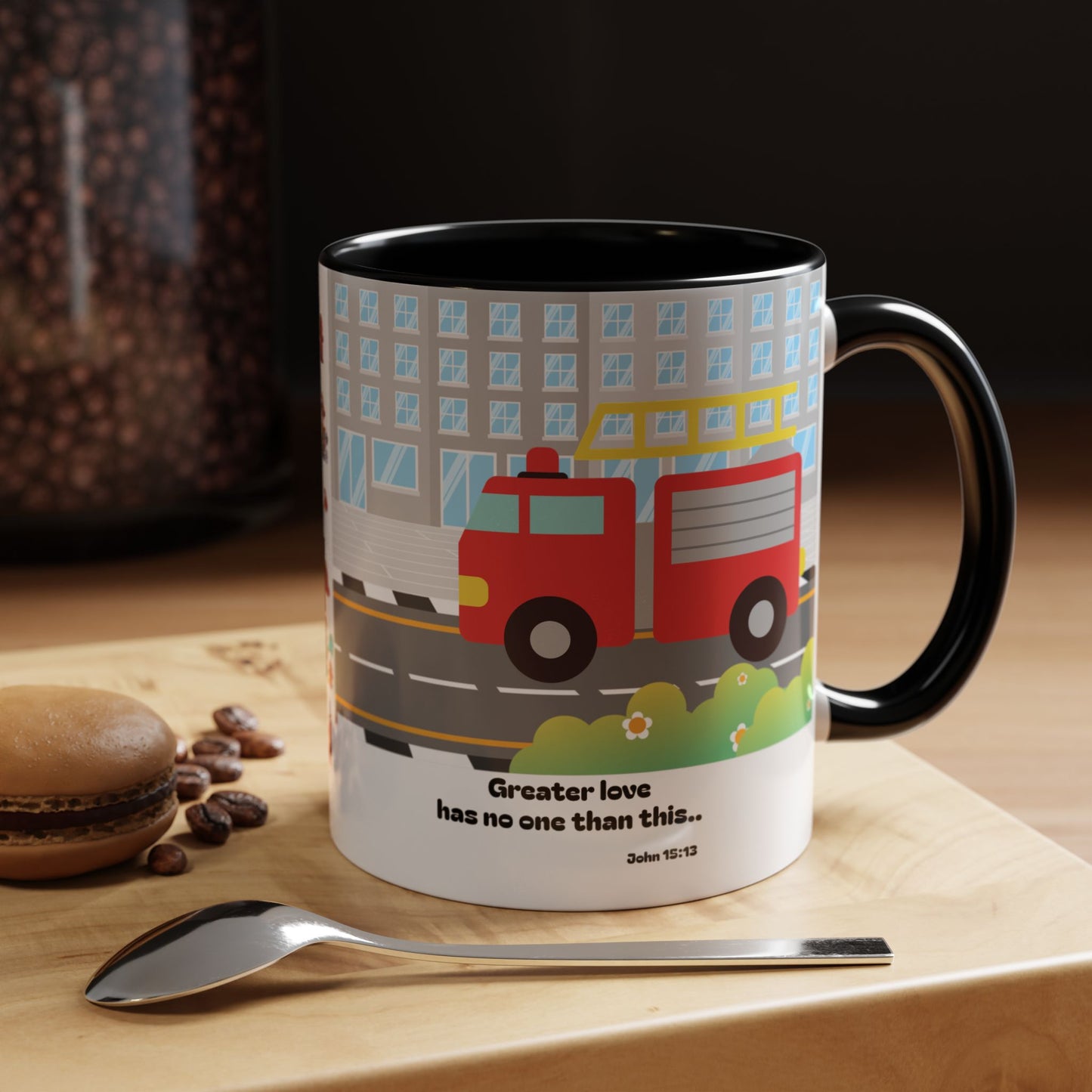 Fire Truck Coffee Mug — "Greater love has no one than this" Scripture Mug (11/15 oz)