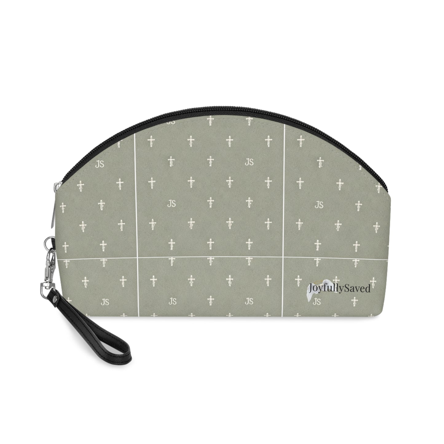 Gold Cross Pattern Makeup Bag — "Joyfully Saved" Sage Cosmetic Pouch - black logo