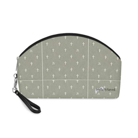 Gold Cross Pattern Makeup Bag — "Joyfully Saved" Sage Cosmetic Pouch - black logo