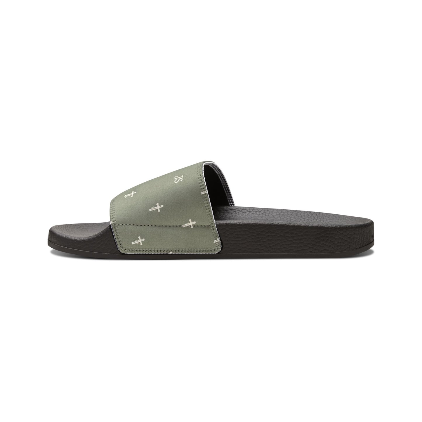 Christian Cross Slides — Youth Removable-Strap Sandals with Sage Cross Pattern