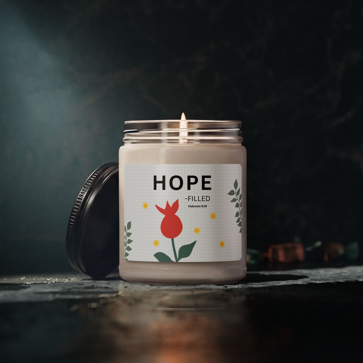 Hope-filled Soy Candle — 9oz Scented Jar with Floral Design (Hebrews 6:19)