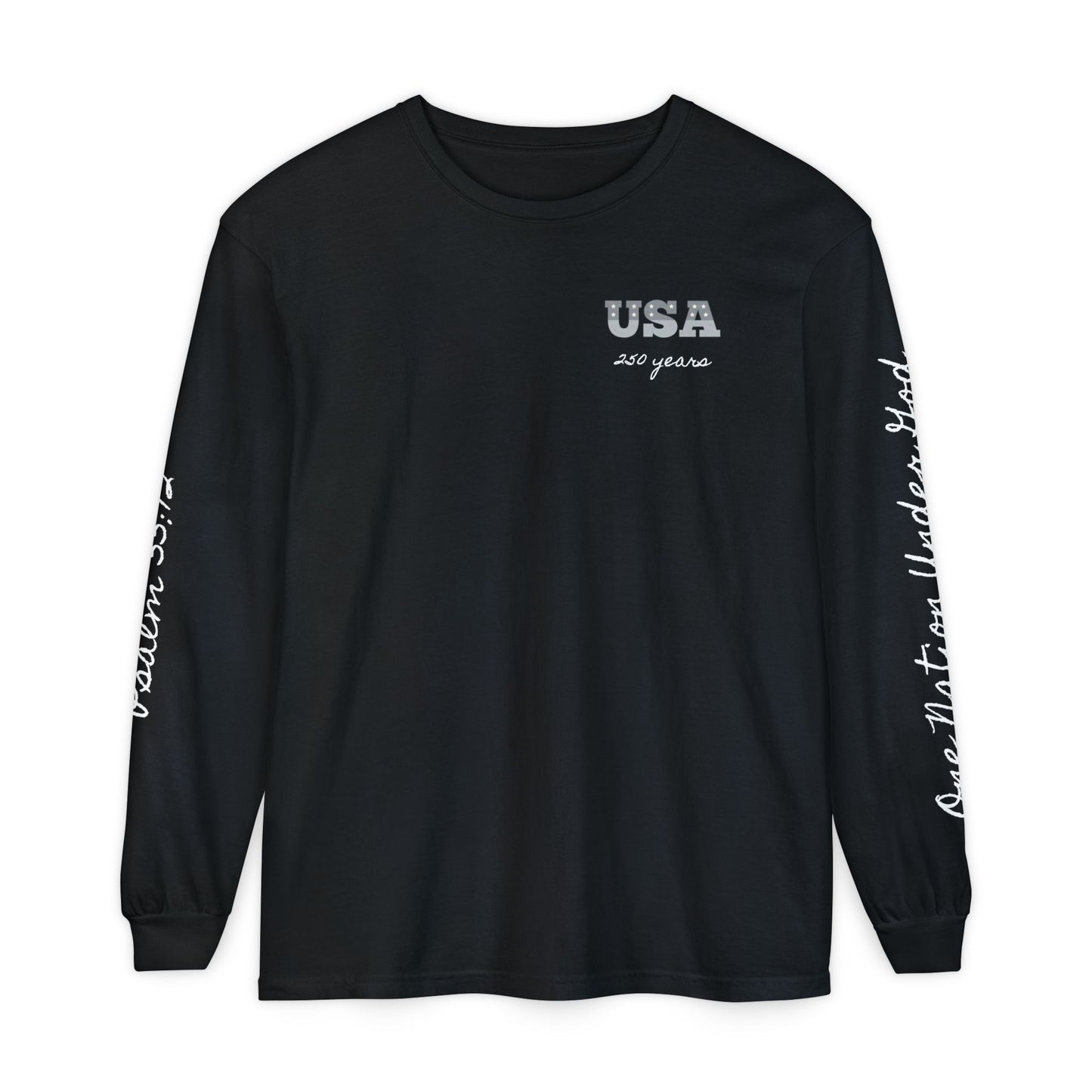 Christian Patriotic Long Sleeve Tee — "One Nation Under God" & Psalm 33:12 — USA 250 Anniversary