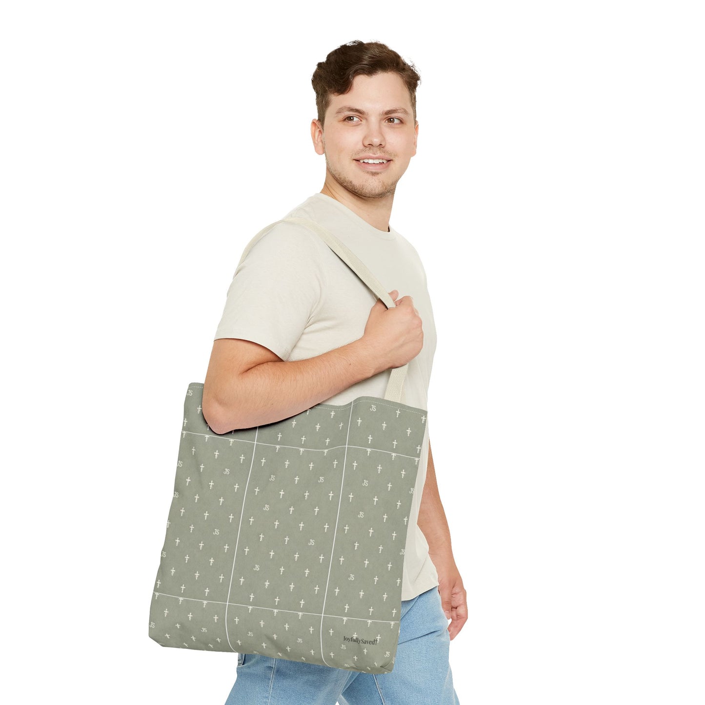 Cross Pattern Tote Bag — Sage Green AOP Canvas Tote, Christian