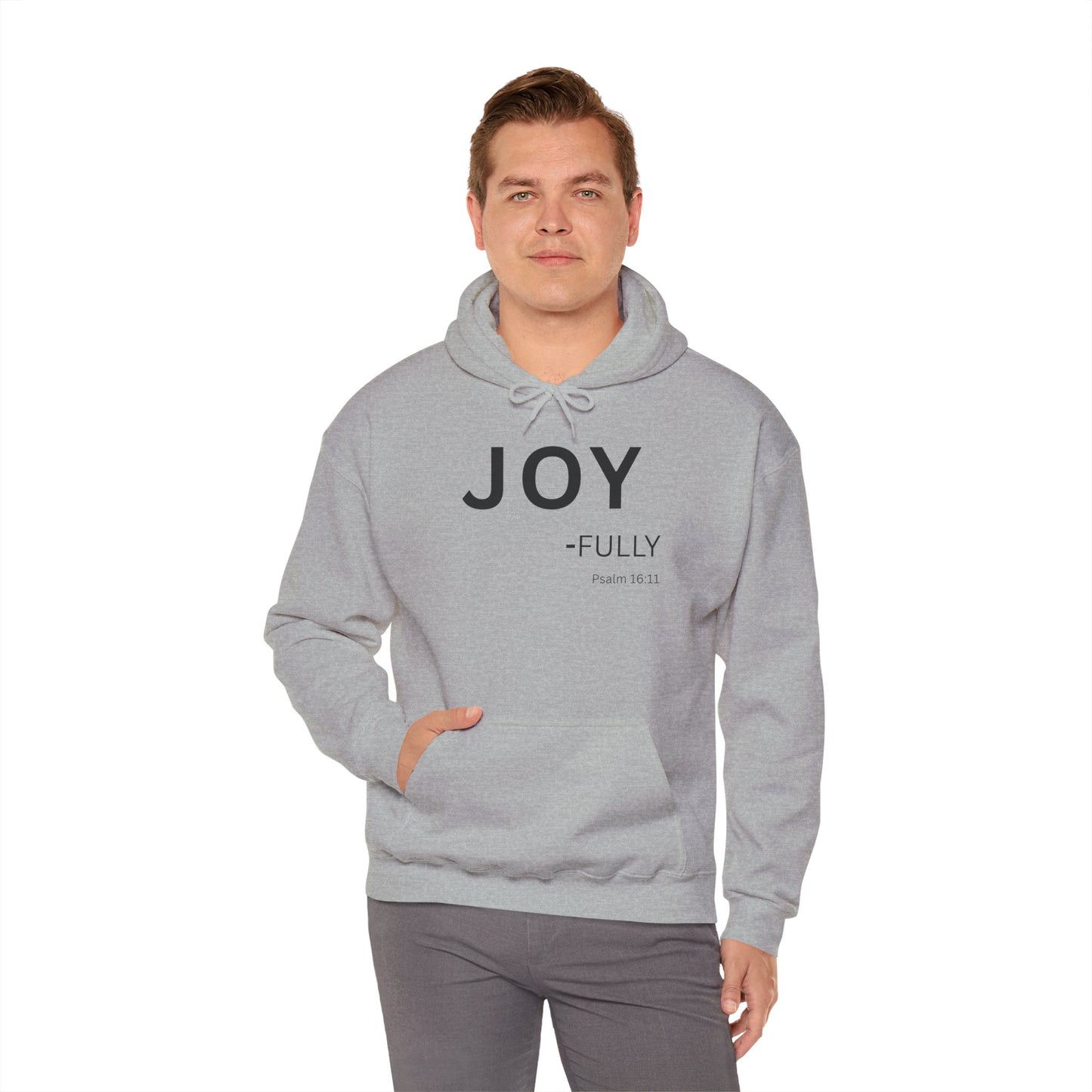 Joy-Fully Hoodie Black Text — Minimal Christian Faith Pullover (Psalm 16:11)