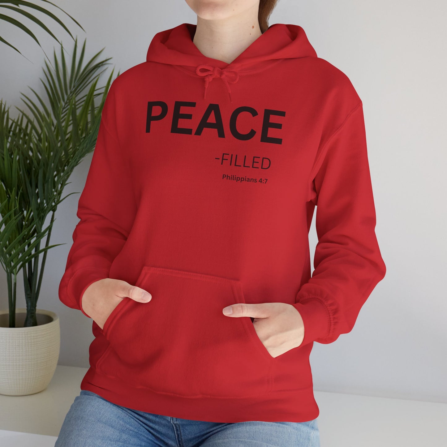 PEACE-filled Hoodie Black Text — Minimal Christian Faith Pullover, Philippians 4:7