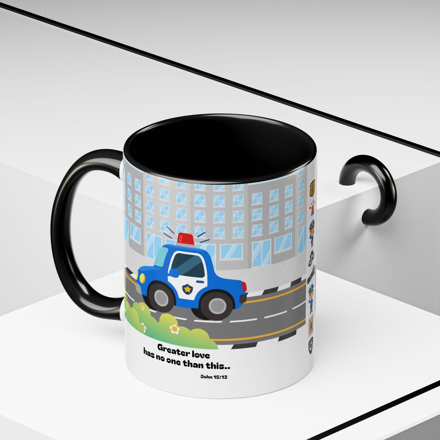 Police Car Coffee Mug — "Greater love has no one than this" Scripture Mug (11/15 oz)