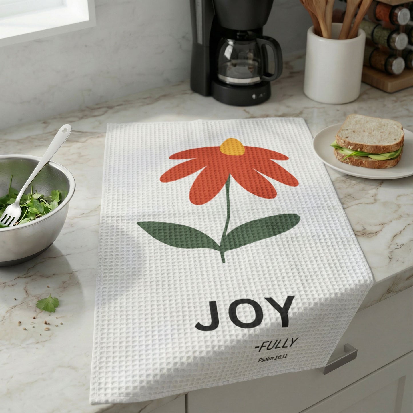 JOY-FULLY Floral Kitchen Hand Towel — Psalm 16:11  Waffle Weave Cotton