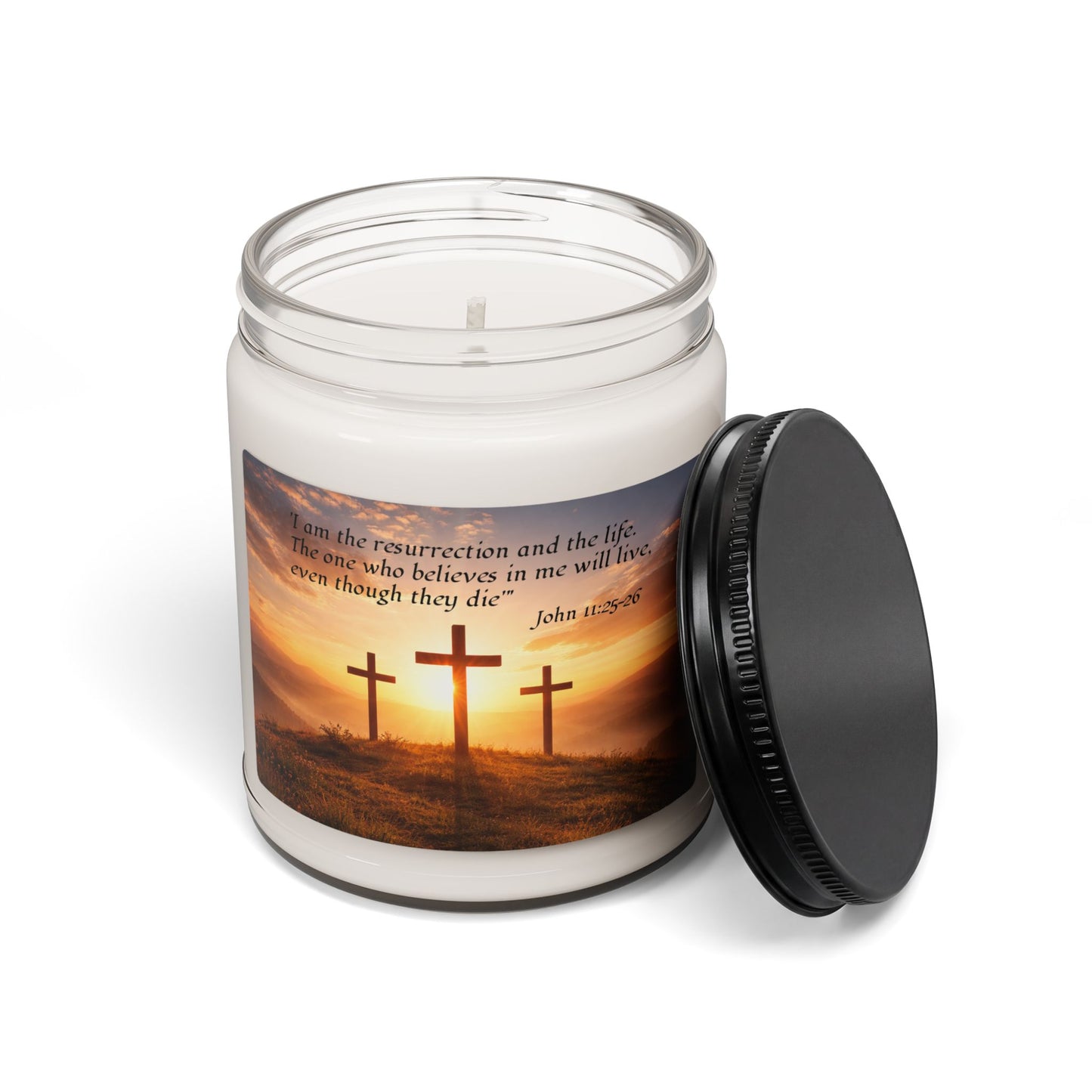 Christian Scented Soy Candle — 9oz, John 11:25-26, "I am the reserrection"
