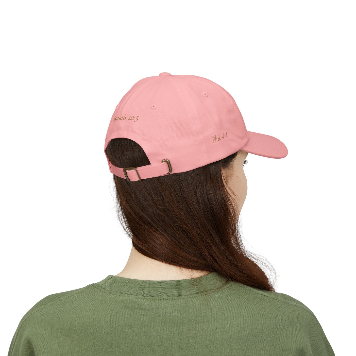 Classic "Dad" Cap, Cross logo with verses — Embroidered Christian Baseball Hat, Gold text