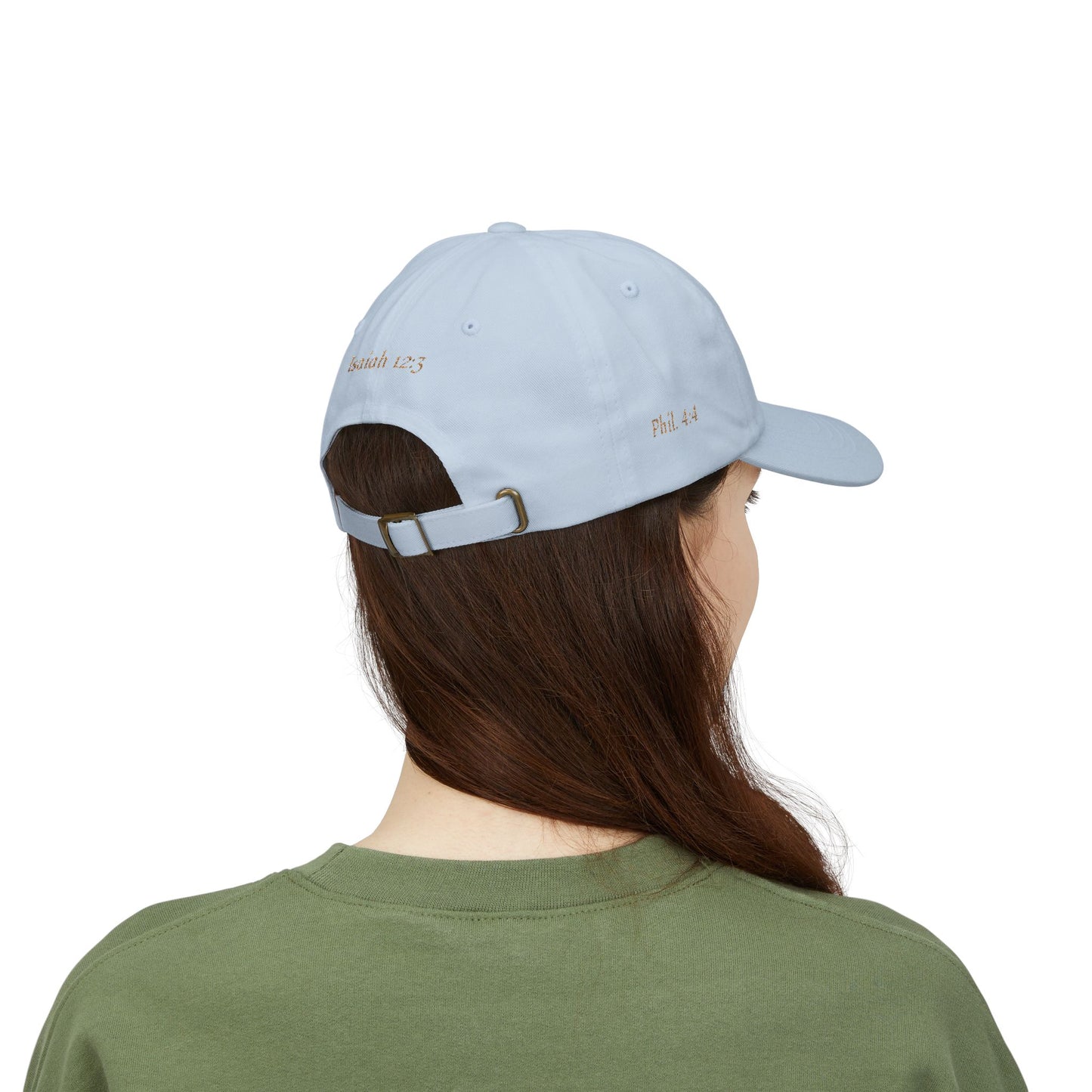 Classic "Dad" Cap, Cross logo with verses — Embroidered Christian Baseball Hat, Gold text