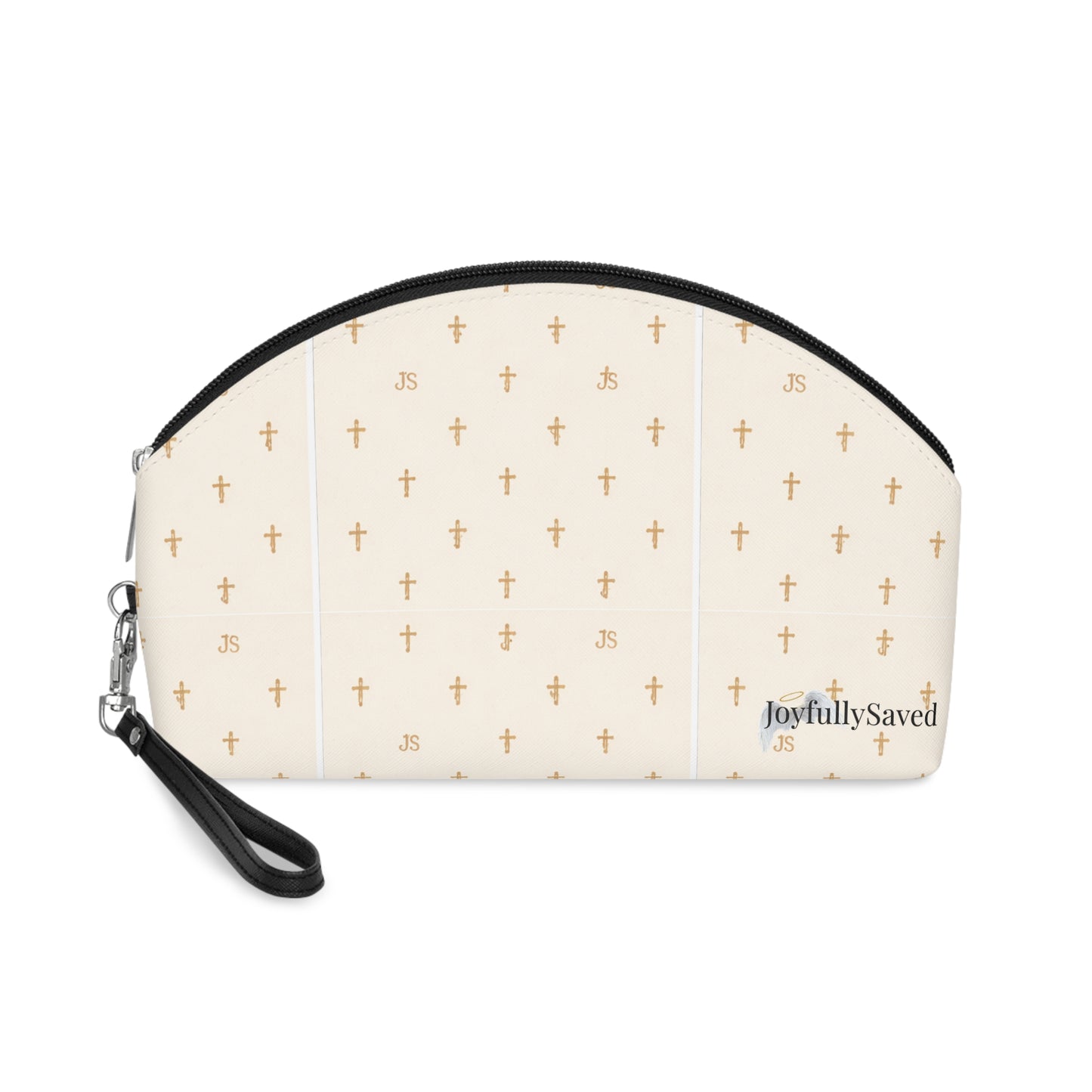 Gold Cross Pattern Makeup Bag — "Joyfully Saved" Cream Cosmetic Pouch