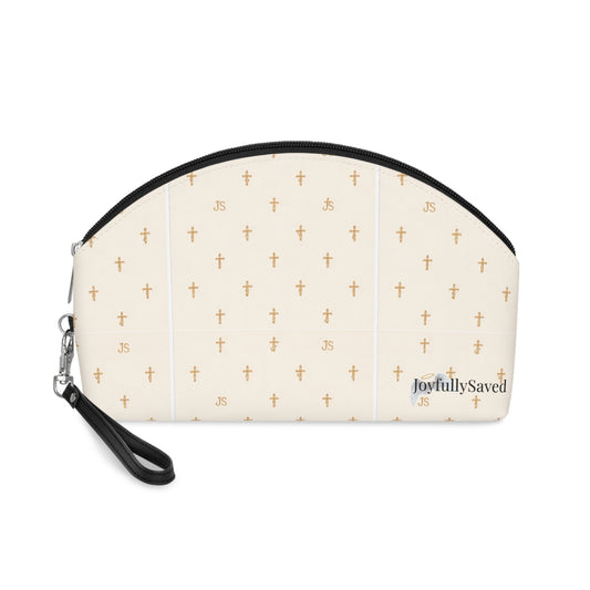 Gold Cross Pattern Makeup Bag — "Joyfully Saved" Cream Cosmetic Pouch
