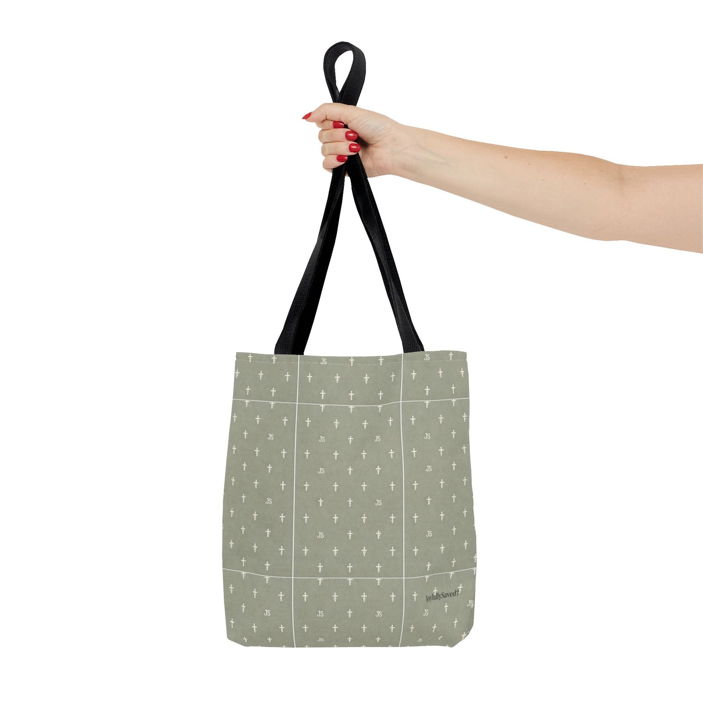 Cross Pattern Tote Bag — Sage Green AOP Canvas Tote, Christian