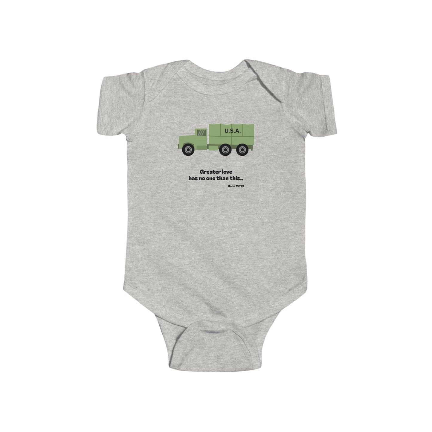 Christian Infant Bodysuit -Military Truck Baby Onesie (John 15:13)