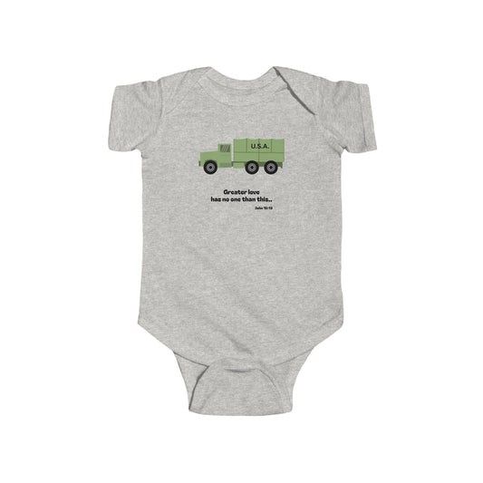 Christian Infant Bodysuit -Military Truck Baby Onesie (John 15:13)