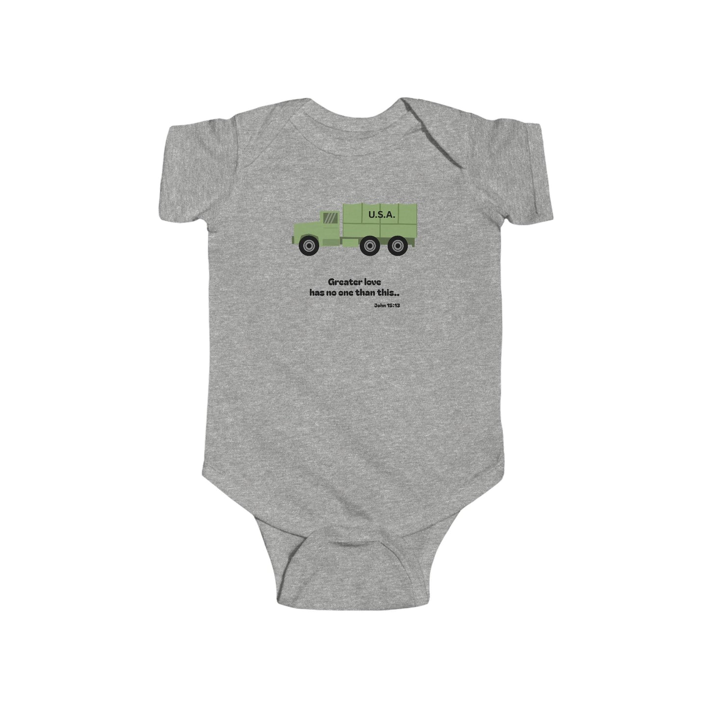 Christian Infant Bodysuit -Military Truck Baby Onesie (John 15:13)