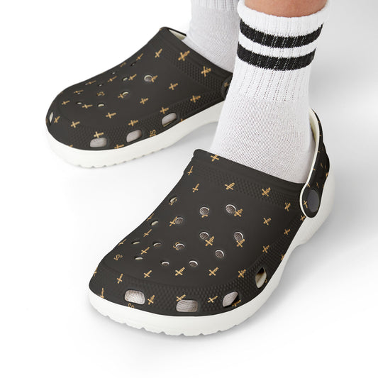 Kids EVA Foam Clogs  with Charms— Black Cross Pattern Christian Slip-Ons