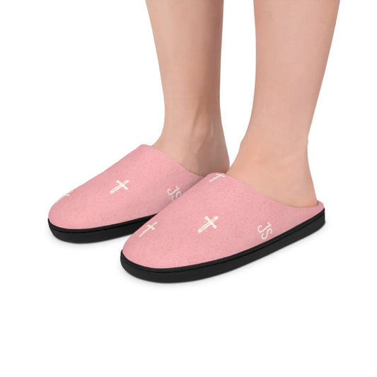 Christian Cross Pattern Women's Indoor Slippers — Signature JC Pink Design