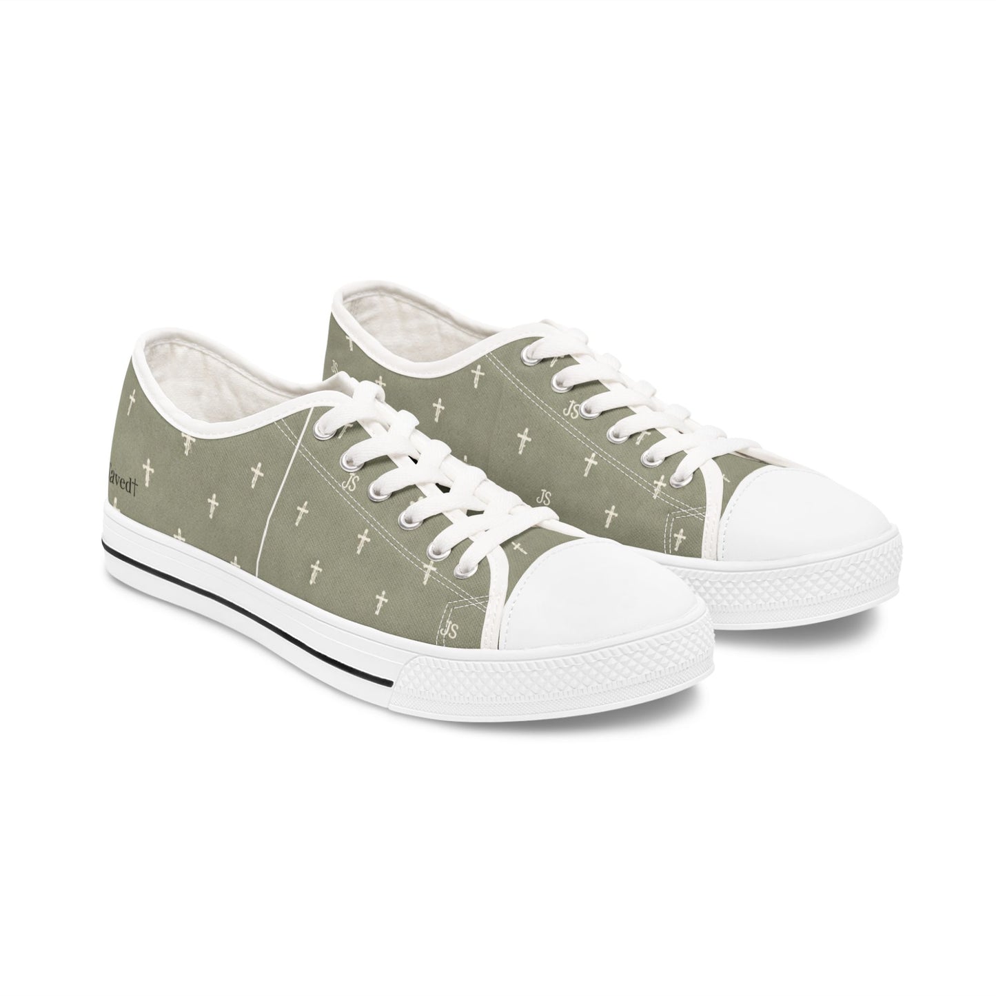 Joyfully Saved Cross Pattern Women's Low Top Sneakers — Sage, 'Wear Your Faith'