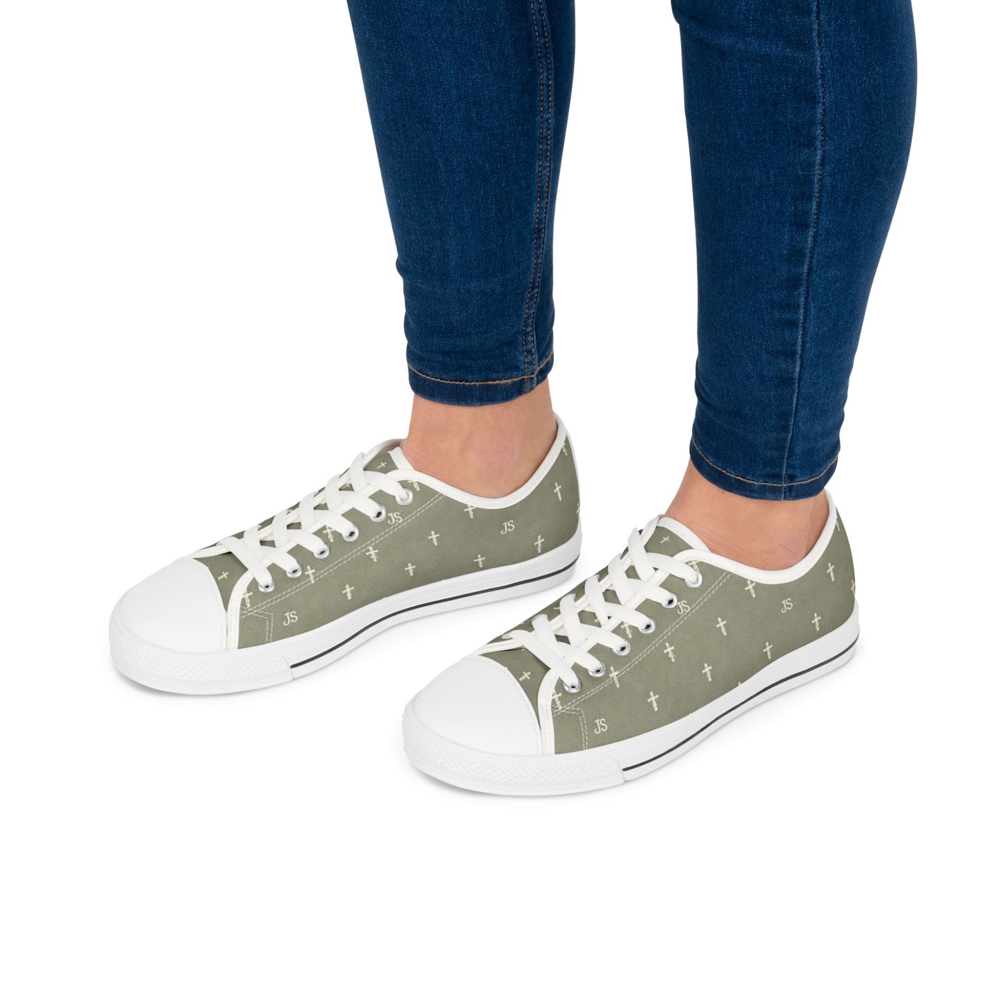 Joyfully Saved Cross Pattern Women's Low Top Sneakers — Sage, 'Wear Your Faith'