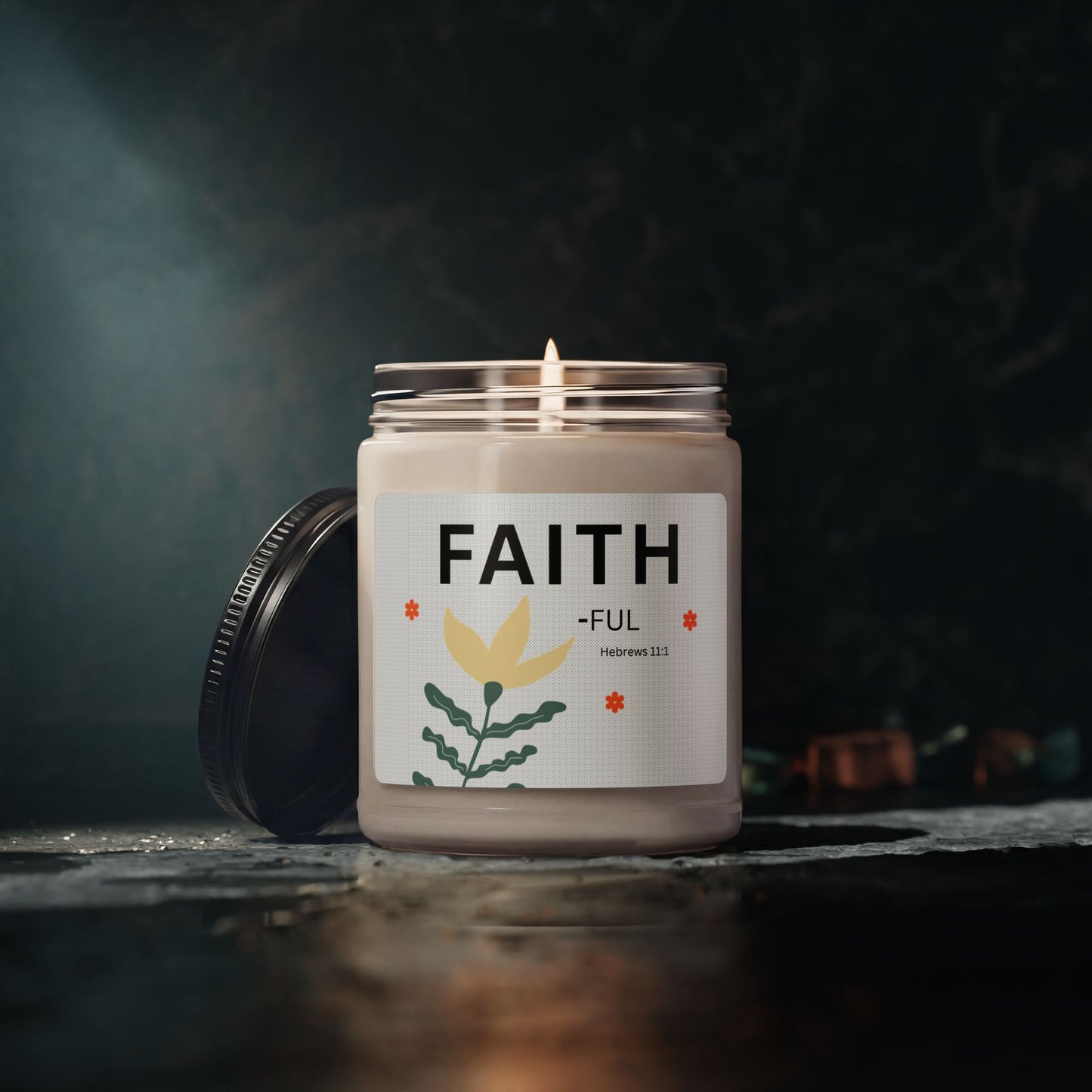 Faith-ful Soy Candle — 9oz Scented Jar with Floral Design (Hebrews 11:1)