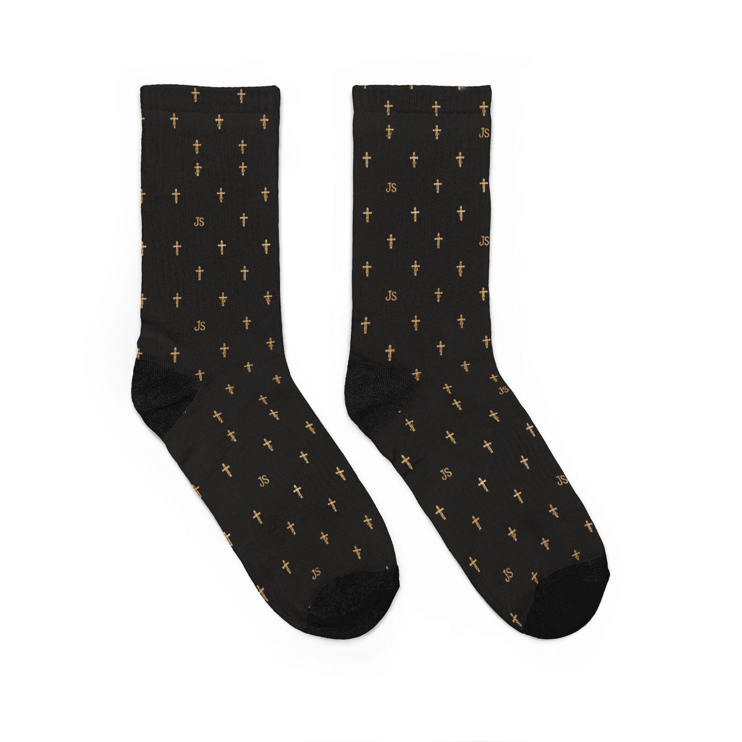 Black 'Joyfully Saved' Cross Pattern Crew Socks — Christian Faith Novelty Socks