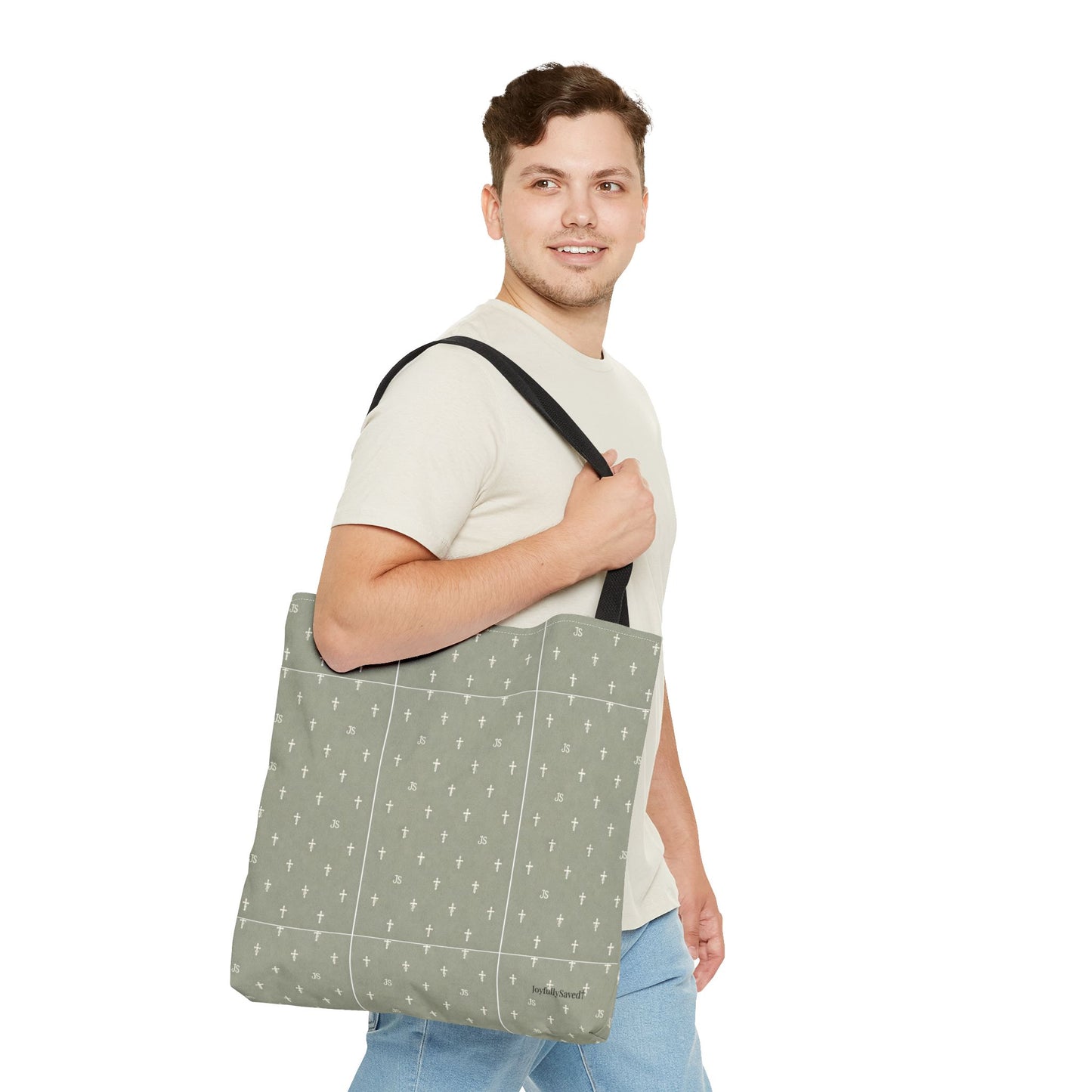 Cross Pattern Tote Bag — Sage Green AOP Canvas Tote, Christian
