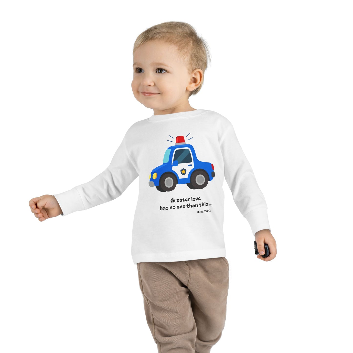 Christian Toddler Long Sleeve Tee — Police Car Kids Shirt (John 15:13)