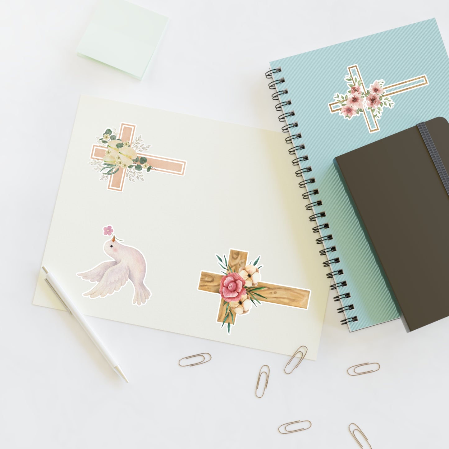Christian Cross & Dove Floral Sticker Sheet — 4 Religious Faith Stickers