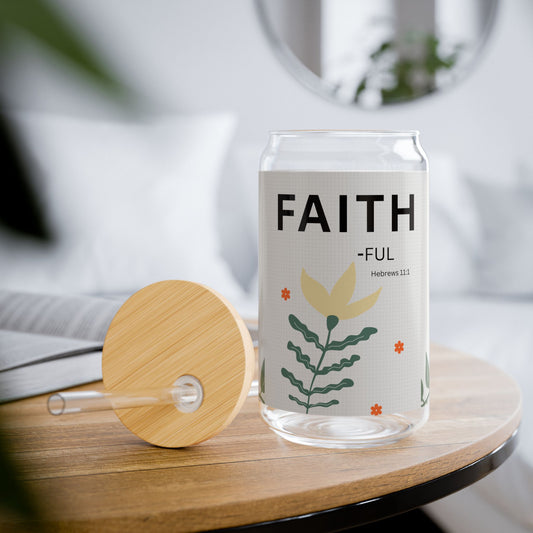 FAITH-ful Glass Can (16oz) — Hebrews 11:1, Floral Straw Tumbler | Christian Gift