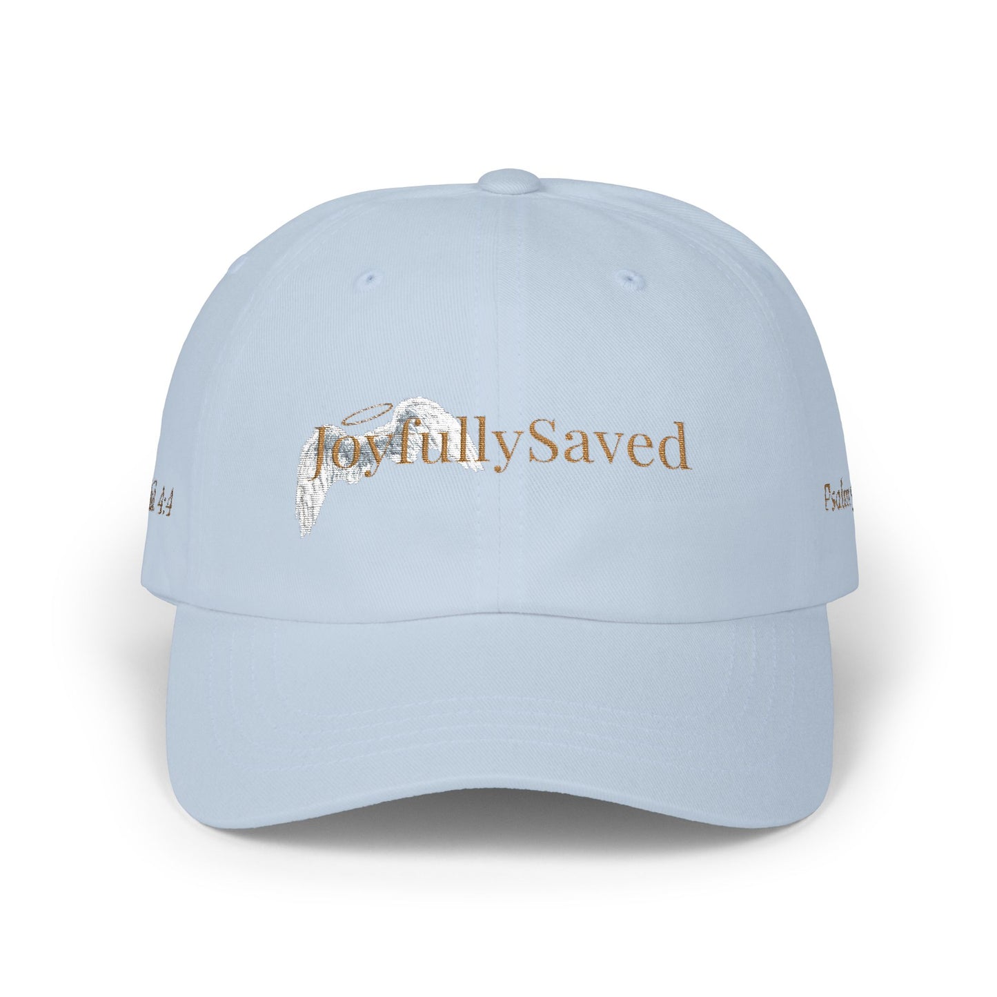 Joyfully Saved "dad" Cap, Logo with verses — Embroidered Hat, Gold text