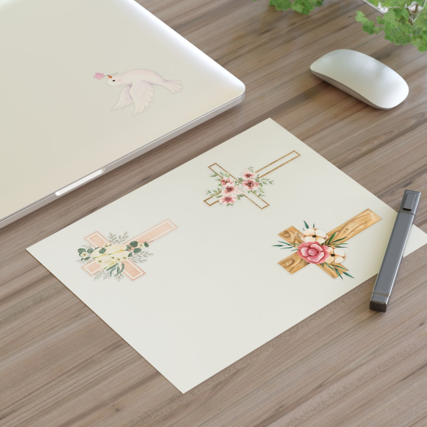 Christian Cross & Dove Floral Sticker Sheet — 4 Religious Faith Stickers