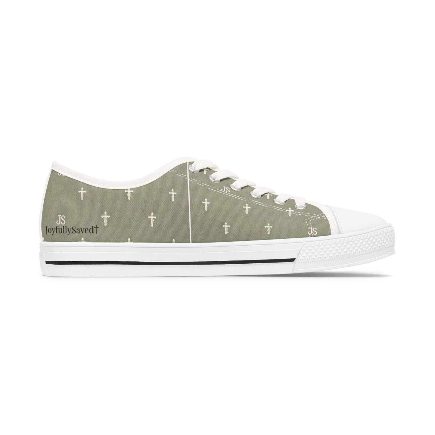 Joyfully Saved Cross Pattern Women's Low Top Sneakers — Sage, 'Wear Your Faith'