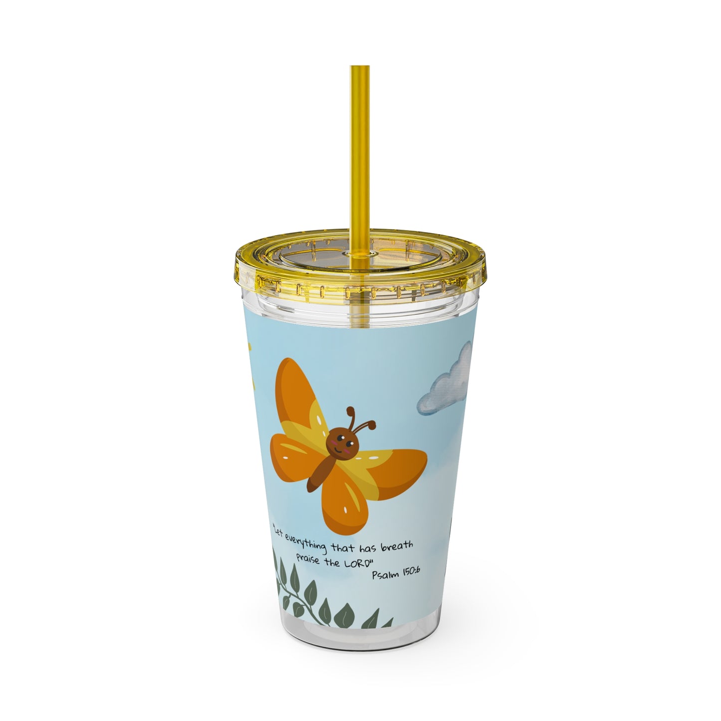 Butterfly & Sun 16oz Tumbler with Straw — 'Let everything that has breath' Psalm 150:6